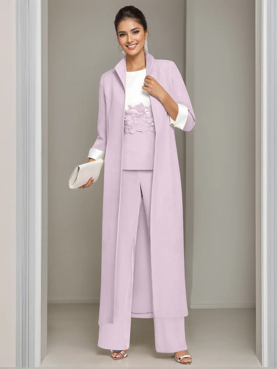 Ankle Length Mother of the Bride Pantsuits in 3 Pieces Featuring Square Neck Jacket & Lace Appliques