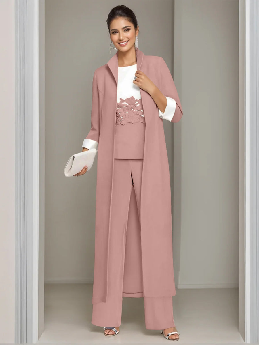 Ankle Length Mother of the Bride Pantsuits in 3 Pieces Featuring Square Neck Jacket & Lace Appliques