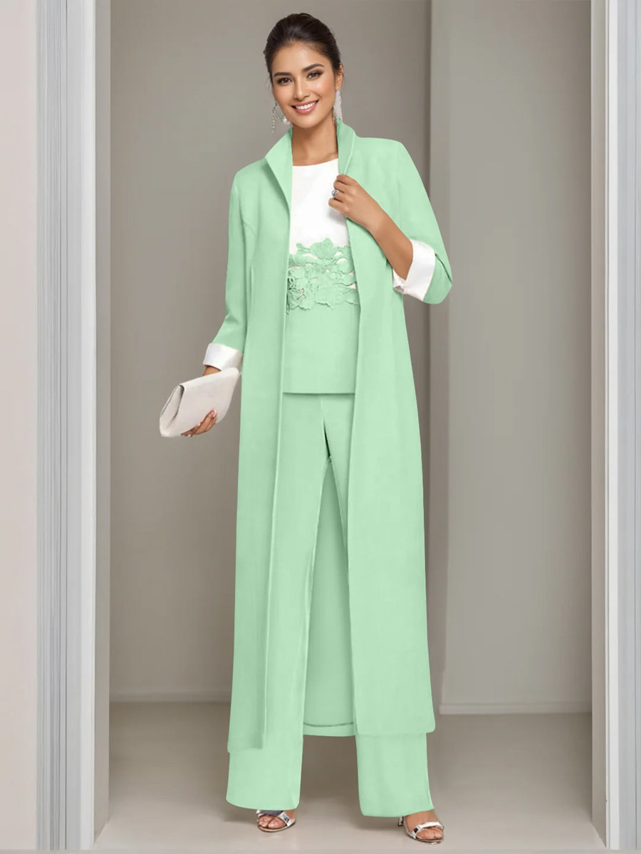 Ankle Length Mother of the Bride Pantsuits in 3 Pieces Featuring Square Neck Jacket & Lace Appliques