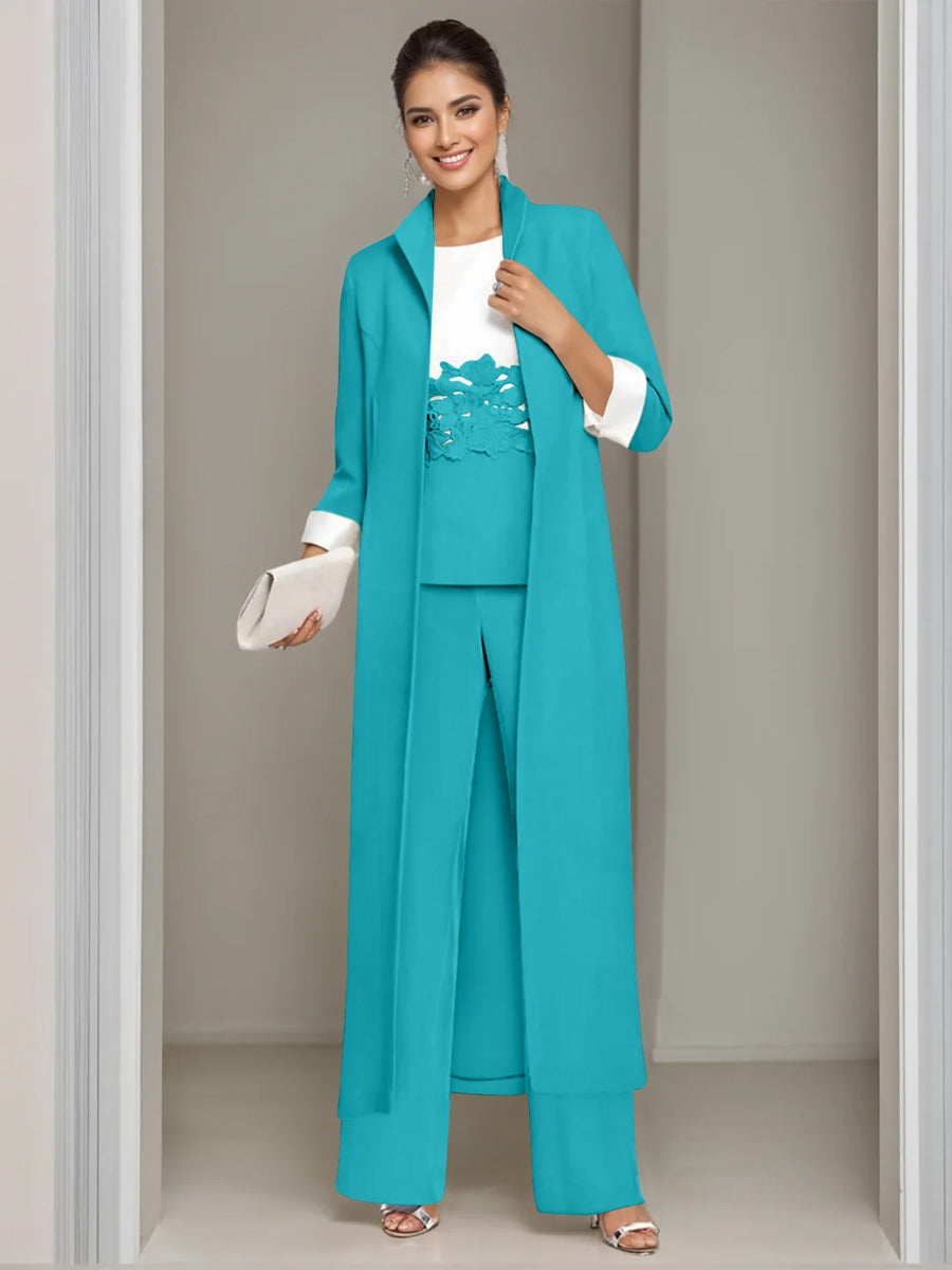 Ankle Length Mother of the Bride Pantsuits in 3 Pieces Featuring Square Neck Jacket & Lace Appliques
