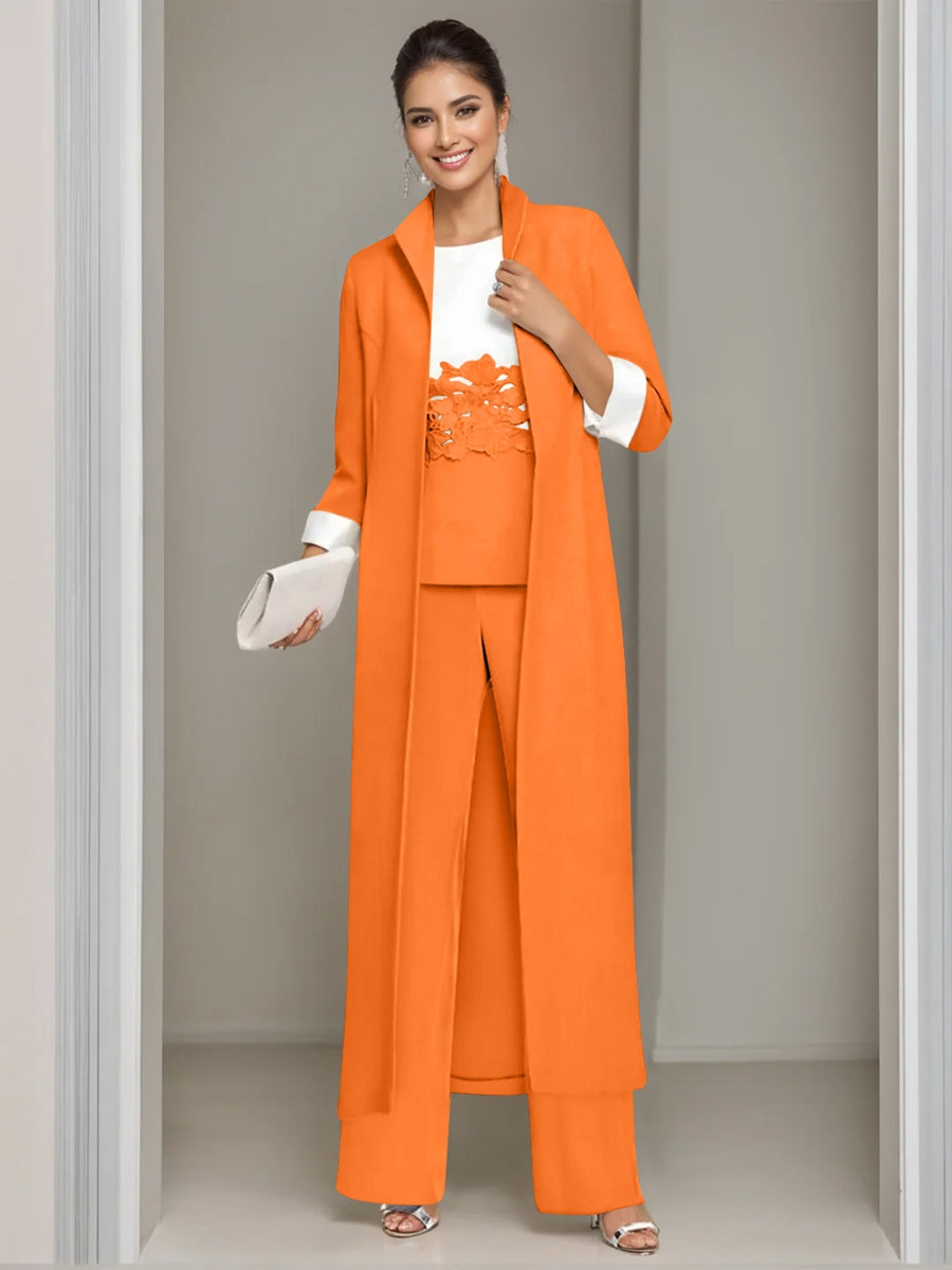 Ankle Length Mother of the Bride Pantsuits in 3 Pieces Featuring Square Neck Jacket & Lace Appliques