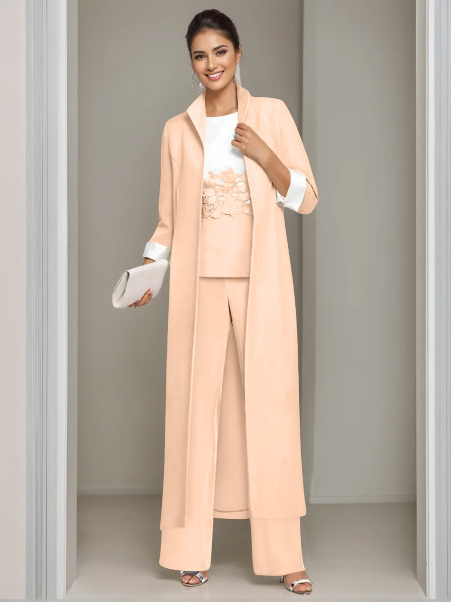 Ankle Length Mother of the Bride Pantsuits in 3 Pieces Featuring Square Neck Jacket & Lace Appliques