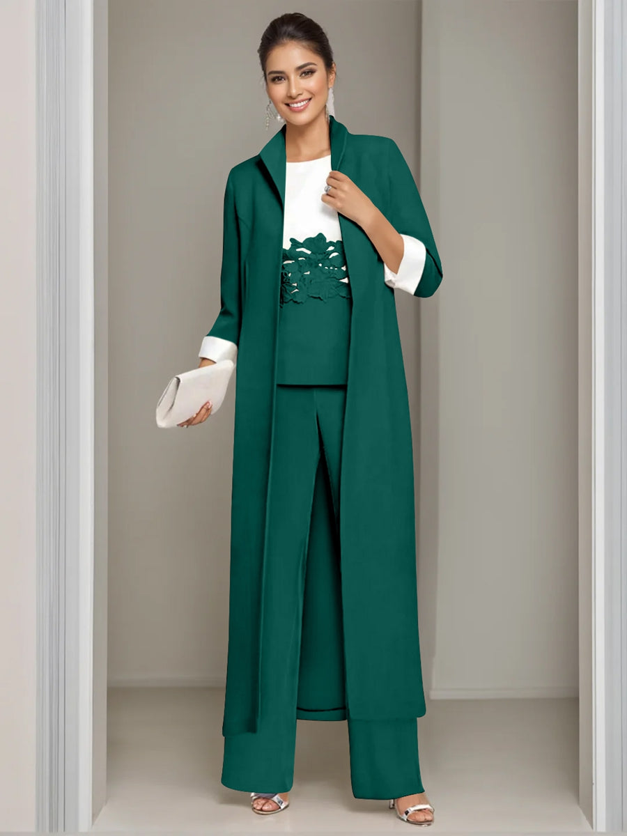 Ankle Length Mother of the Bride Pantsuits in 3 Pieces Featuring Square Neck Jacket & Lace Appliques