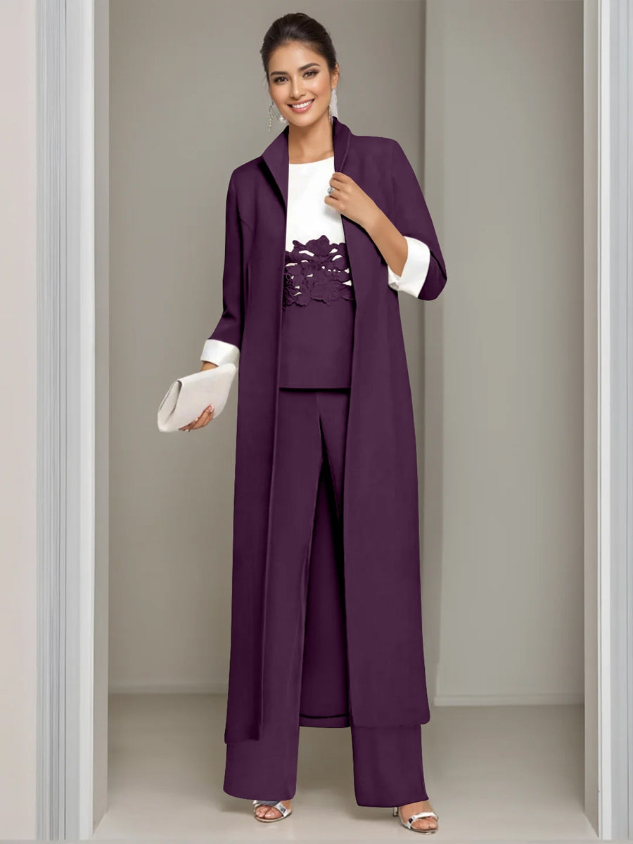 Ankle Length Mother of the Bride Pantsuits in 3 Pieces Featuring Square Neck Jacket & Lace Appliques