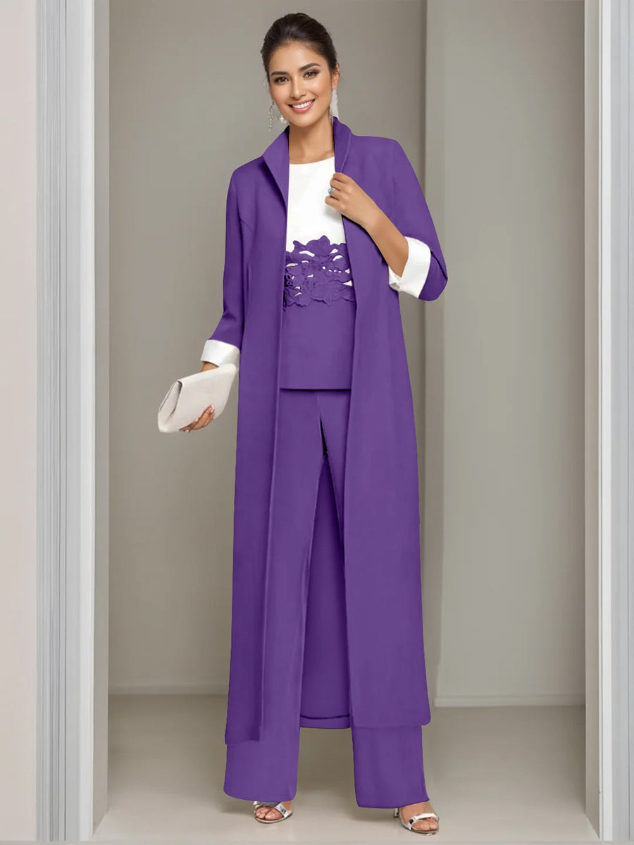 Ankle Length Mother of the Bride Pantsuits in 3 Pieces Featuring Square Neck Jacket & Lace Appliques
