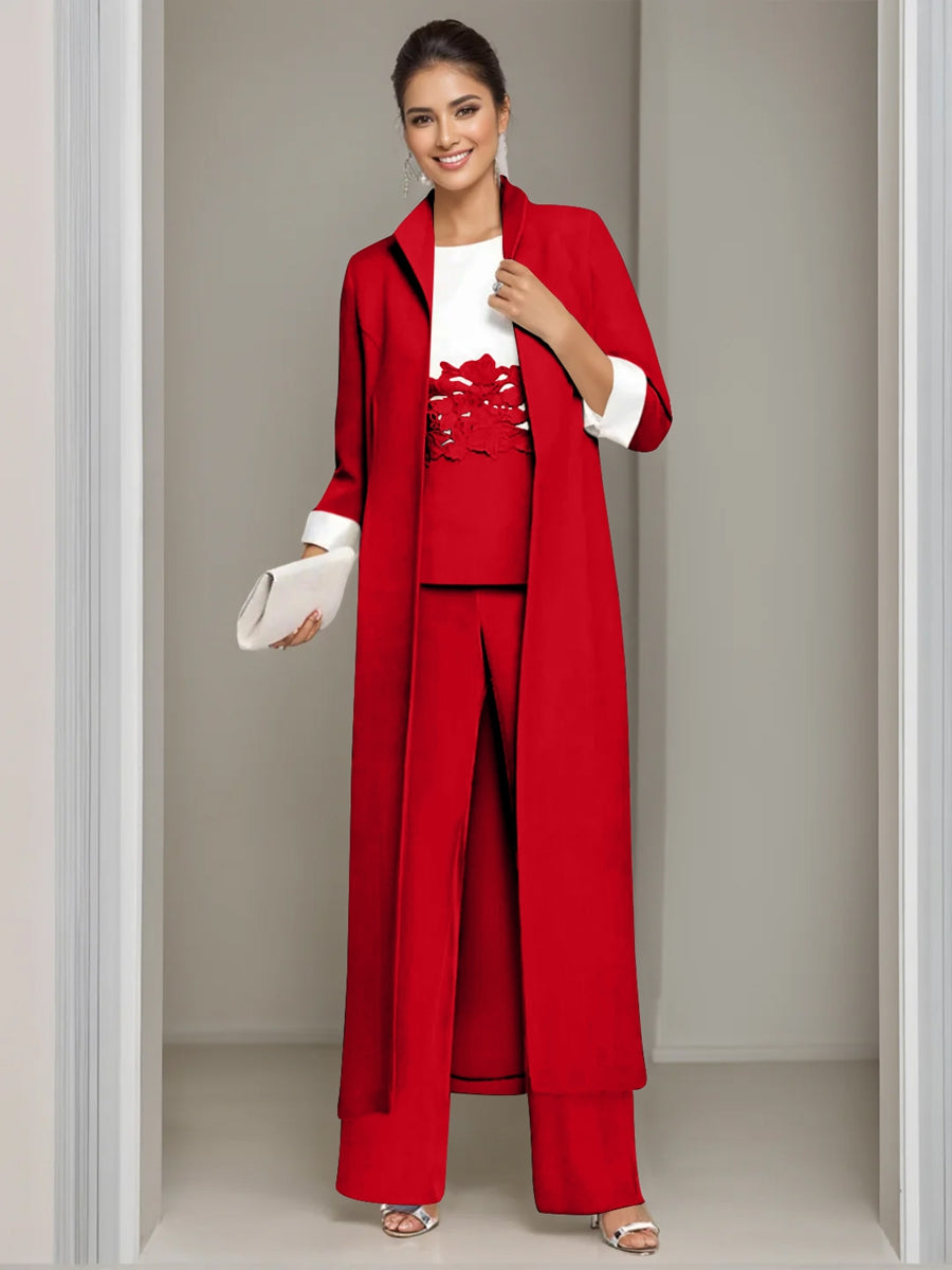 Ankle Length Mother of the Bride Pantsuits in 3 Pieces Featuring Square Neck Jacket & Lace Appliques