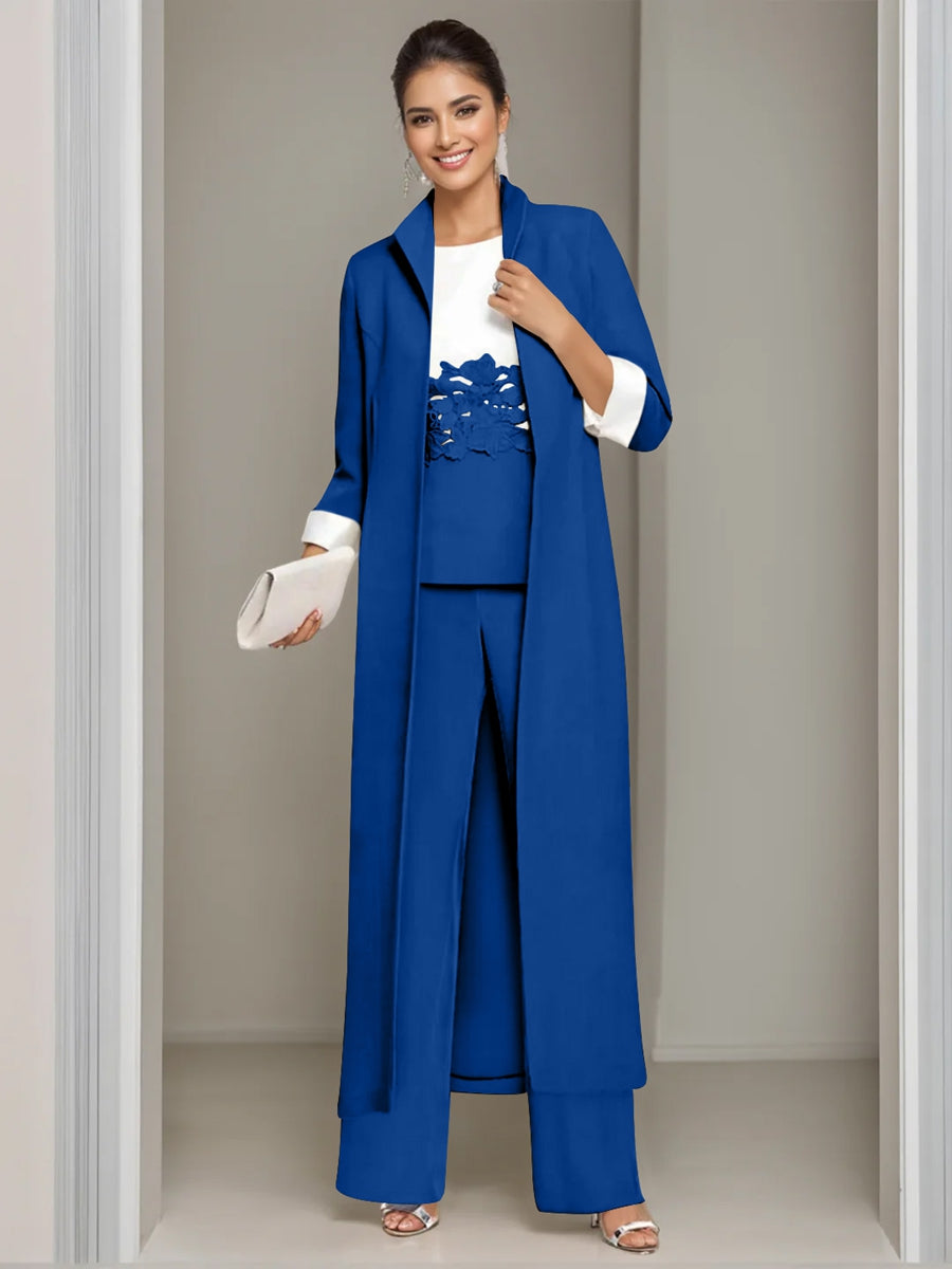 Ankle Length Mother of the Bride Pantsuits in 3 Pieces Featuring Square Neck Jacket & Lace Appliques