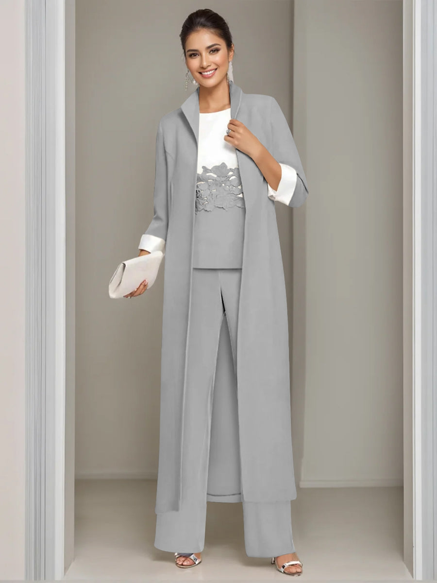 Ankle Length Mother of the Bride Pantsuits in 3 Pieces Featuring Square Neck Jacket & Lace Appliques