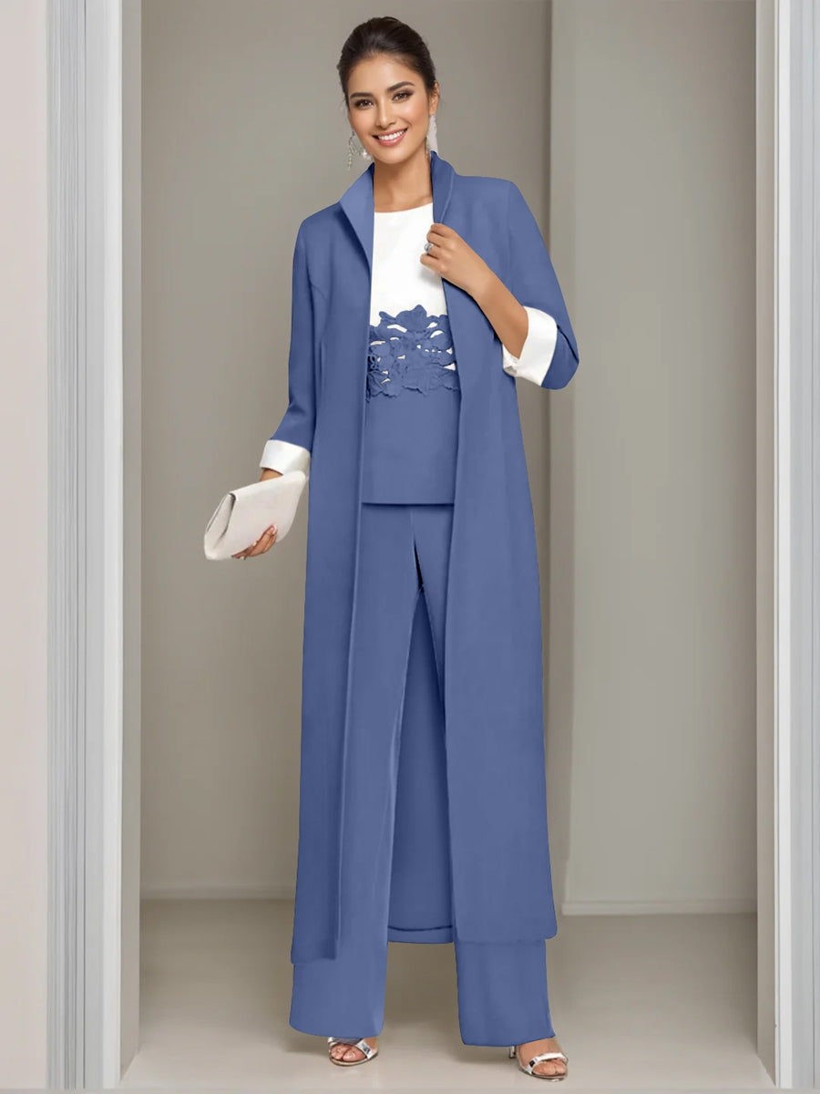 Ankle Length Mother of the Bride Pantsuits in 3 Pieces Featuring Square Neck Jacket & Lace Appliques
