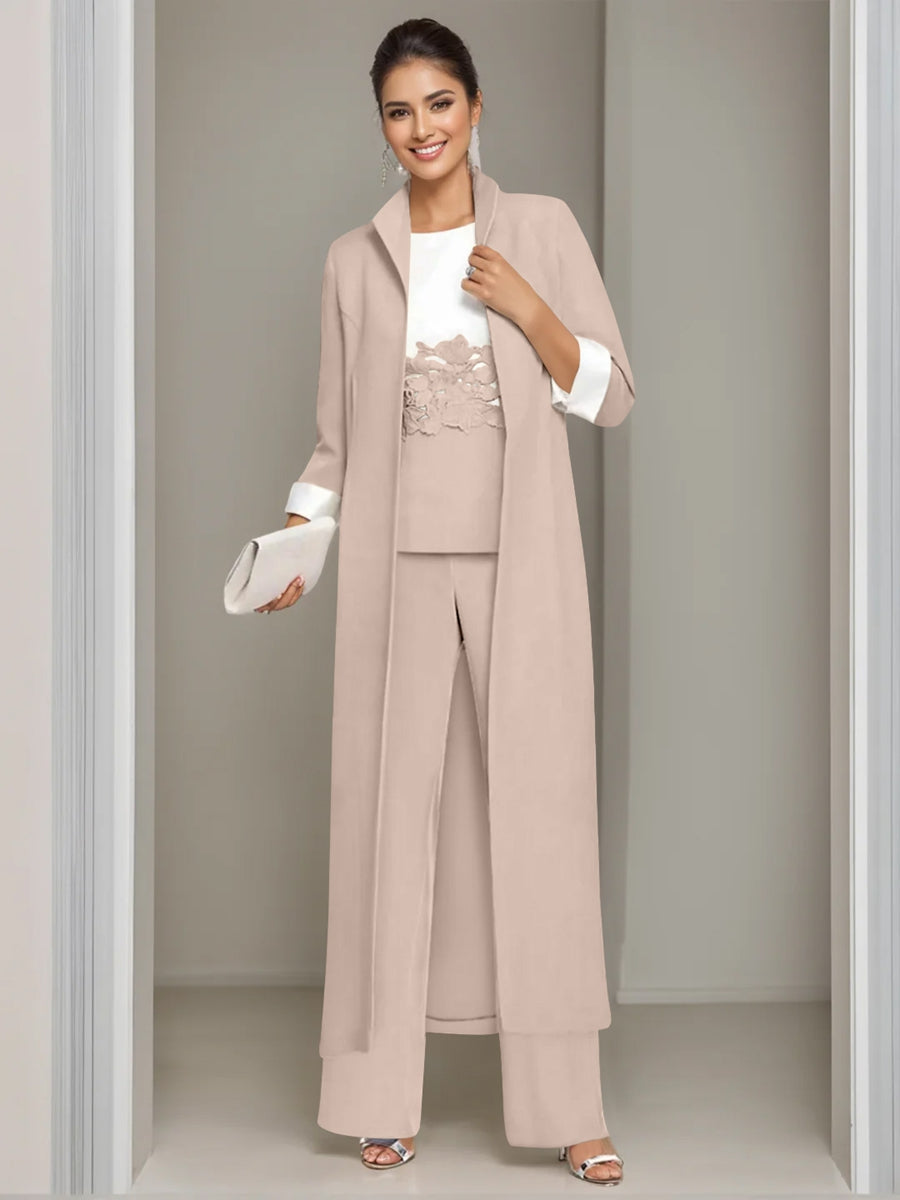 Ankle Length Mother of the Bride Pantsuits in 3 Pieces Featuring Square Neck Jacket & Lace Appliques