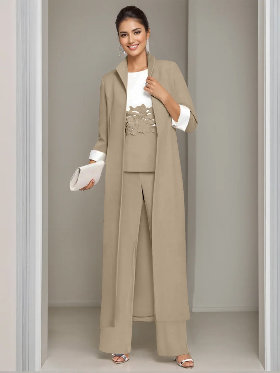 Ankle Length Mother of the Bride Pantsuits in 3 Pieces Featuring Square Neck Jacket & Lace Appliques