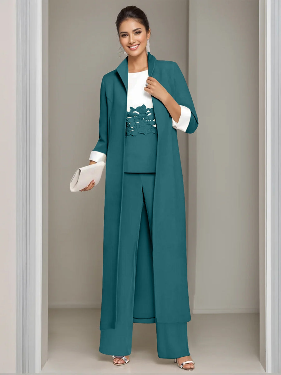 Ankle Length Mother of the Bride Pantsuits in 3 Pieces Featuring Square Neck Jacket & Lace Appliques