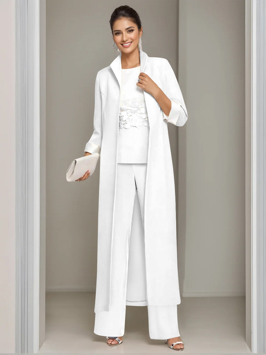 Ankle Length Mother of the Bride Pantsuits in 3 Pieces Featuring Square Neck Jacket & Lace Appliques