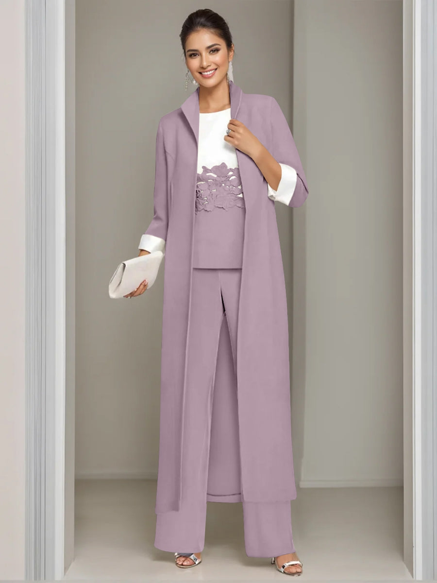 Ankle Length Mother of the Bride Pantsuits in 3 Pieces Featuring Square Neck Jacket & Lace Appliques