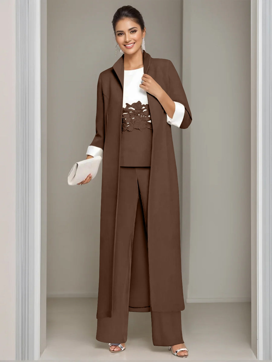 Ankle Length Mother of the Bride Pantsuits in 3 Pieces Featuring Square Neck Jacket & Lace Appliques