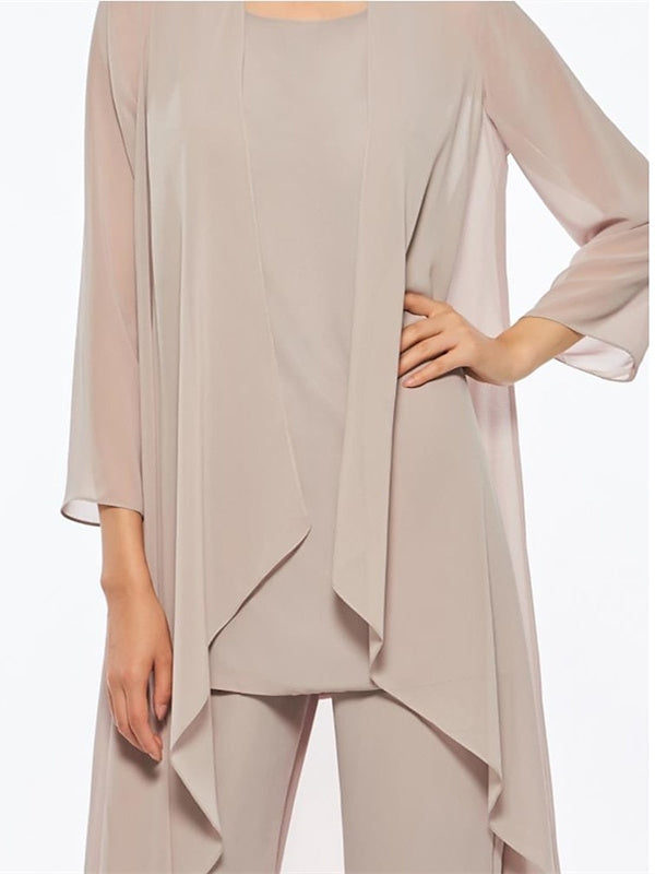 Ankle Length Mother of the Bride Pantsuits with Jacket in Chiffon Round Neck and 3/4 Sleeves