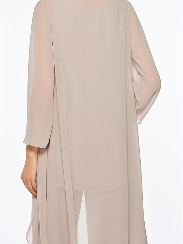 Ankle Length Mother of the Bride Pantsuits with Jacket in Chiffon Round Neck and 3/4 Sleeves