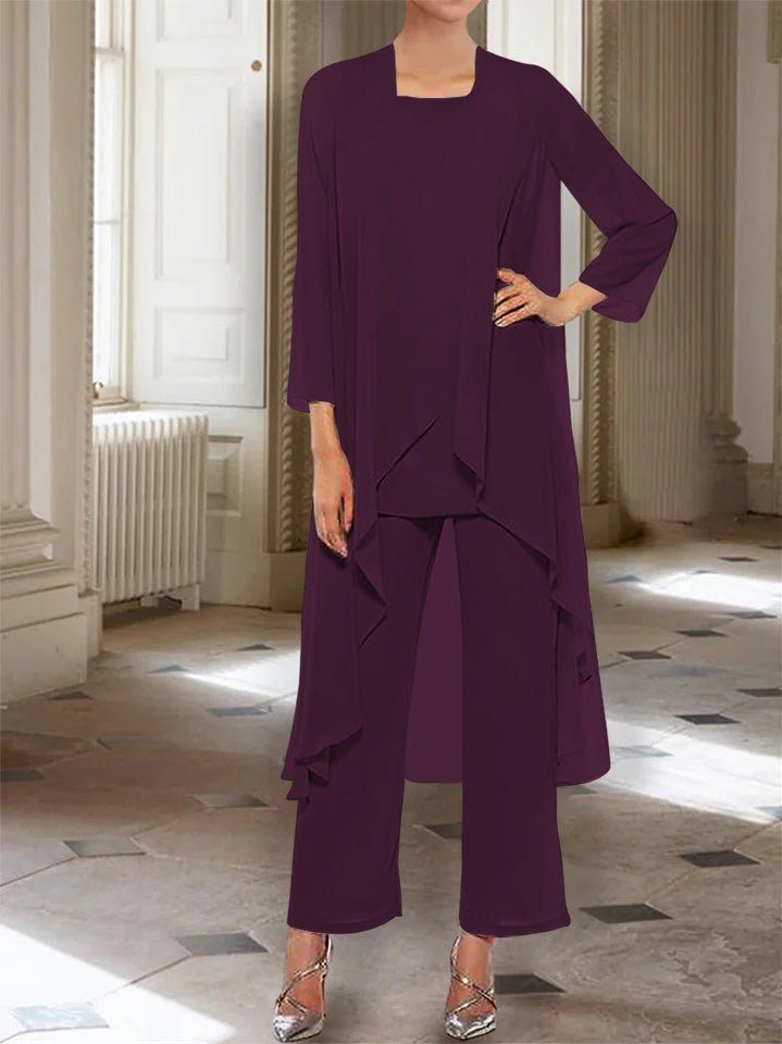 Ankle Length Mother of the Bride Pantsuits with Jacket in Chiffon Round Neck and 3/4 Sleeves