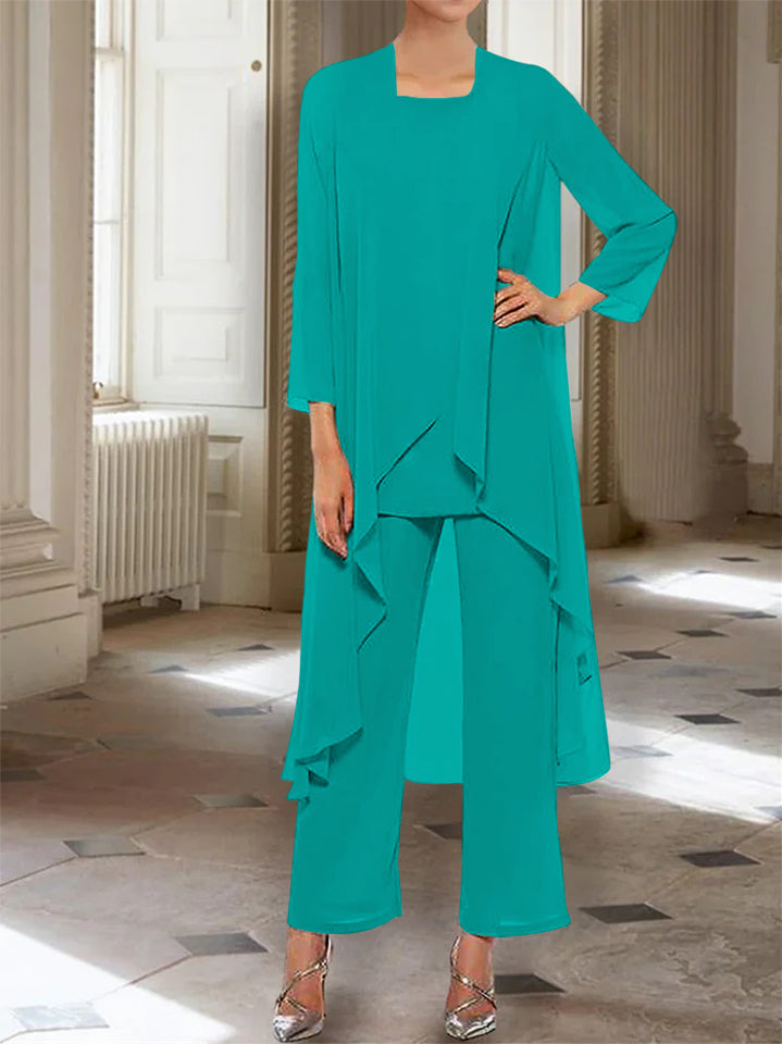 Ankle Length Mother of the Bride Pantsuits with Jacket in Chiffon Round Neck and 3/4 Sleeves