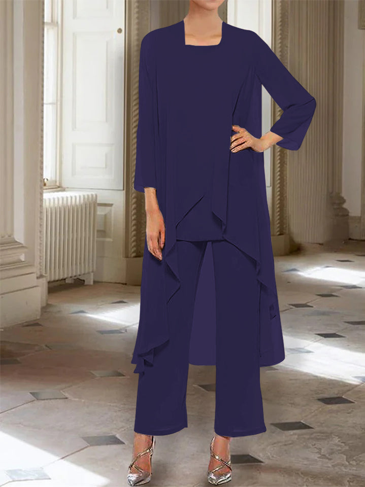 Ankle Length Mother of the Bride Pantsuits with Jacket in Chiffon Round Neck and 3/4 Sleeves
