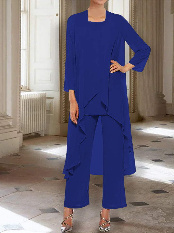 Ankle Length Mother of the Bride Pantsuits with Jacket in Chiffon Round Neck and 3/4 Sleeves