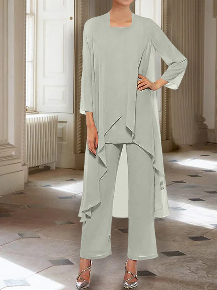 Ankle Length Mother of the Bride Pantsuits with Jacket in Chiffon Round Neck and 3/4 Sleeves