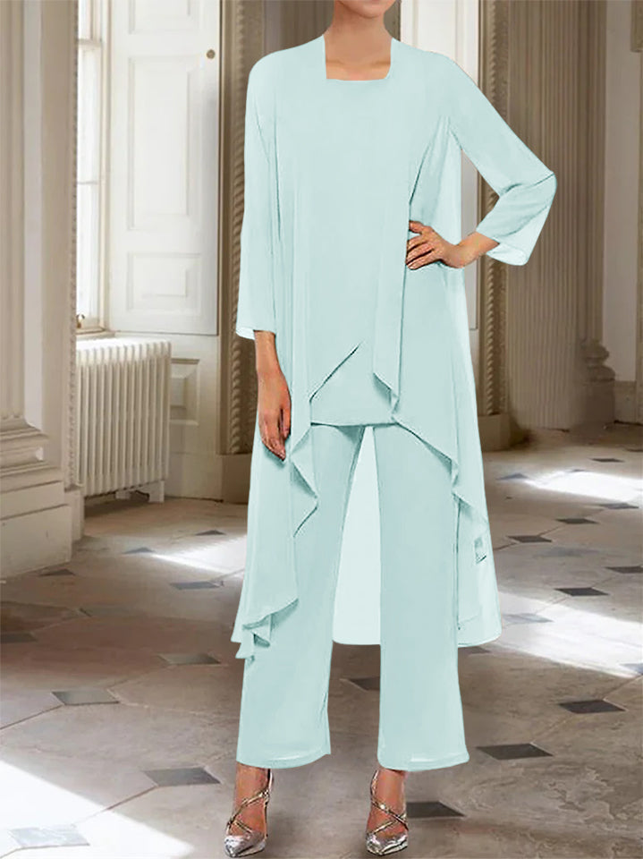 Ankle Length Mother of the Bride Pantsuits with Jacket in Chiffon Round Neck and 3/4 Sleeves