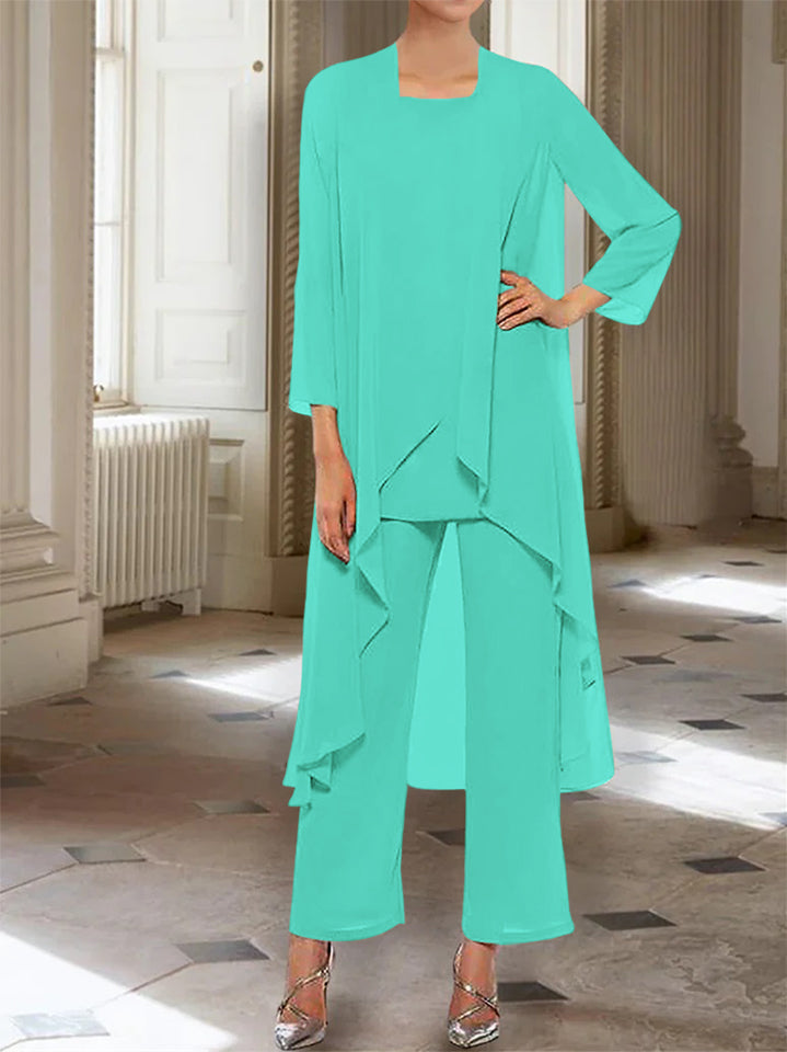 Ankle Length Mother of the Bride Pantsuits with Jacket in Chiffon Round Neck and 3/4 Sleeves