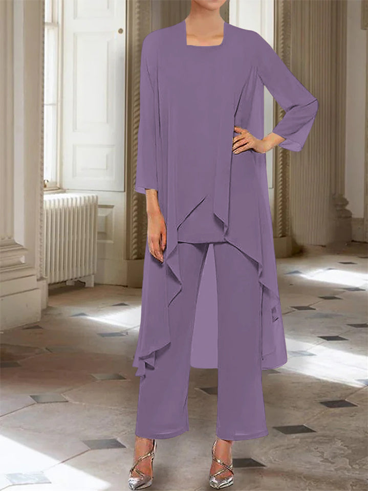 Ankle Length Mother of the Bride Pantsuits with Jacket in Chiffon Round Neck and 3/4 Sleeves