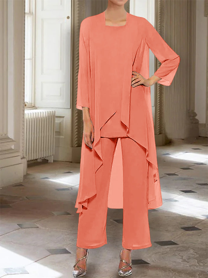 Ankle Length Mother of the Bride Pantsuits with Jacket in Chiffon Round Neck and 3/4 Sleeves