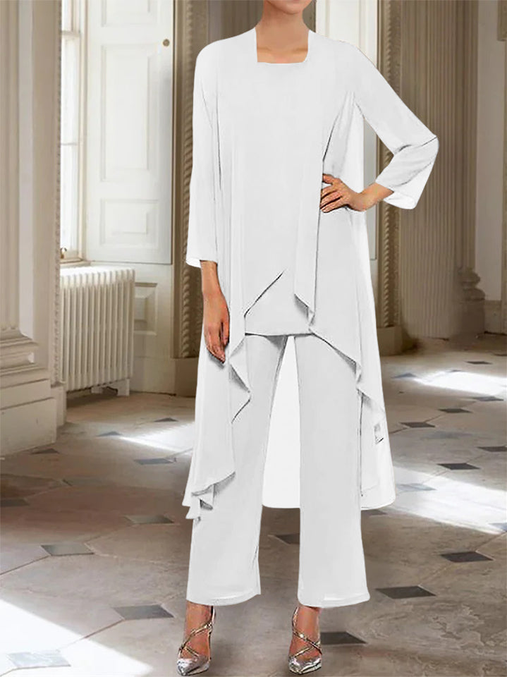 Ankle Length Mother of the Bride Pantsuits with Jacket in Chiffon Round Neck and 3/4 Sleeves