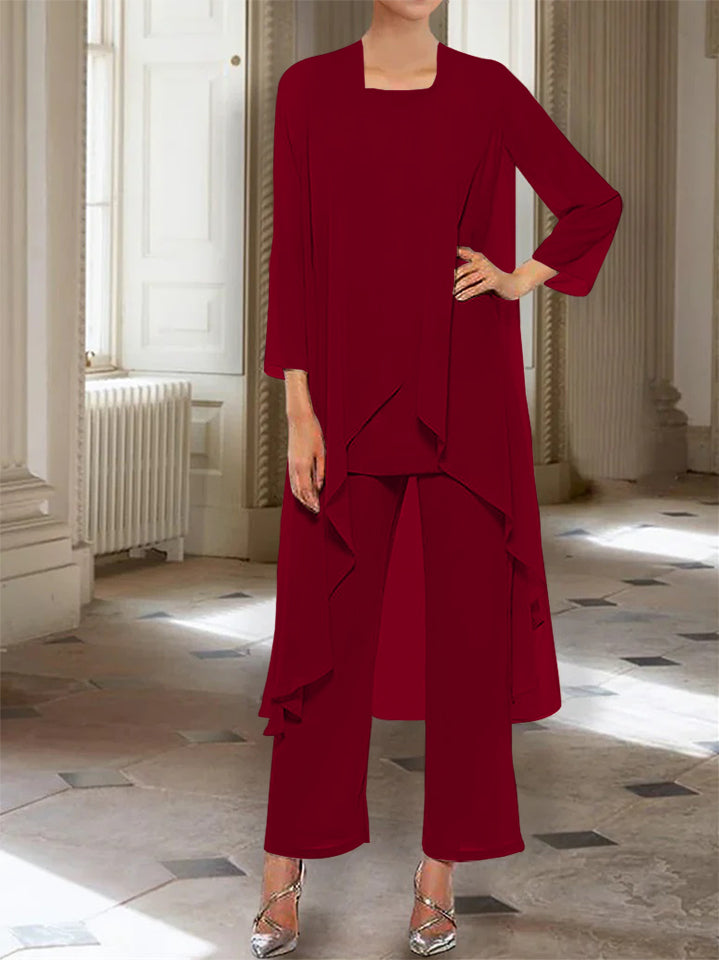 Ankle Length Mother of the Bride Pantsuits with Jacket in Chiffon Round Neck and 3/4 Sleeves