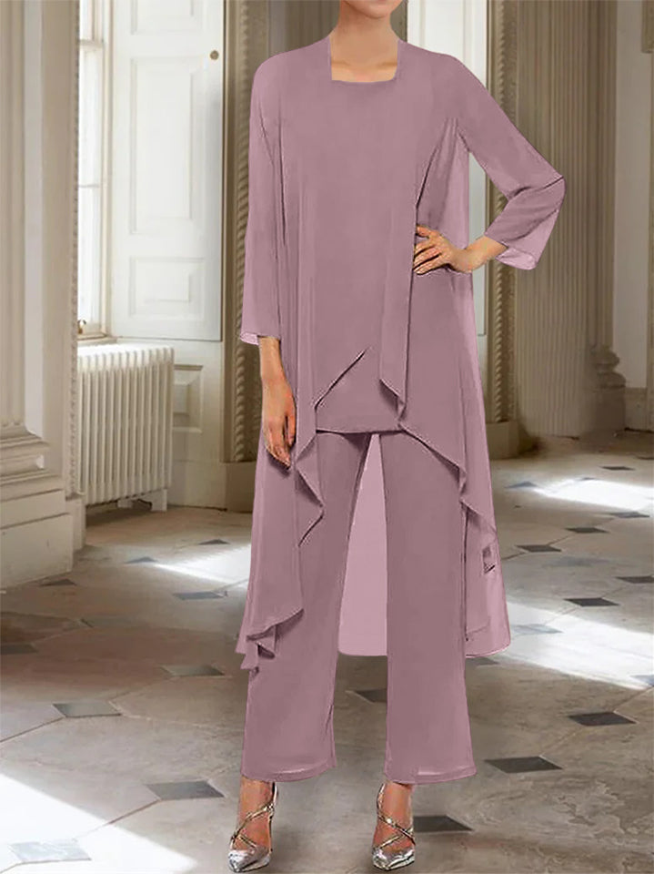 Ankle Length Mother of the Bride Pantsuits with Jacket in Chiffon Round Neck and 3/4 Sleeves