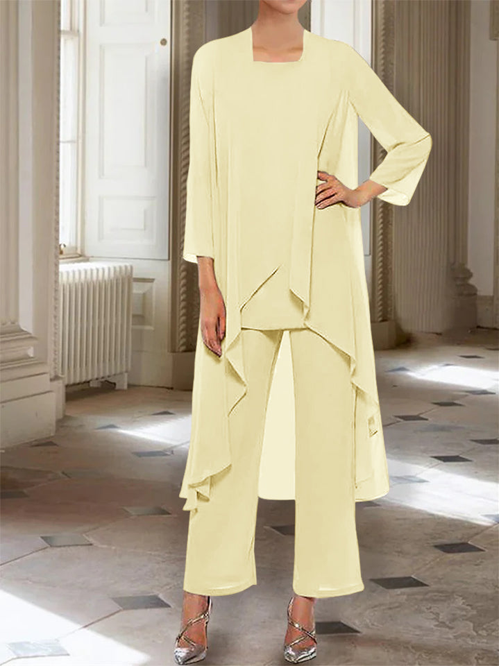 Ankle Length Mother of the Bride Pantsuits with Jacket in Chiffon Round Neck and 3/4 Sleeves