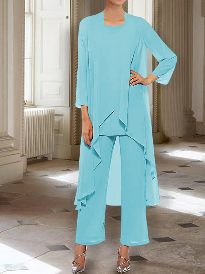 Ankle Length Mother of the Bride Pantsuits with Jacket in Chiffon Round Neck and 3/4 Sleeves