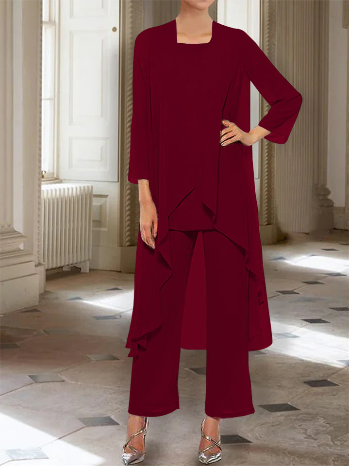 Ankle Length Mother of the Bride Pantsuits with Jacket in Chiffon Round Neck and 3/4 Sleeves