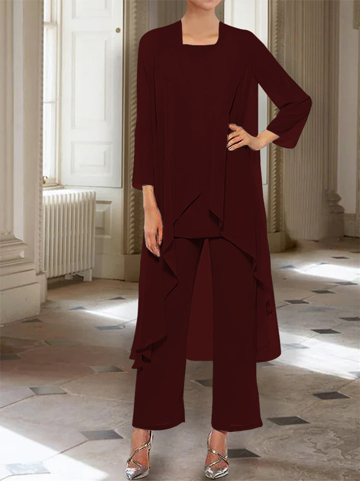 Ankle Length Mother of the Bride Pantsuits with Jacket in Chiffon Round Neck and 3/4 Sleeves