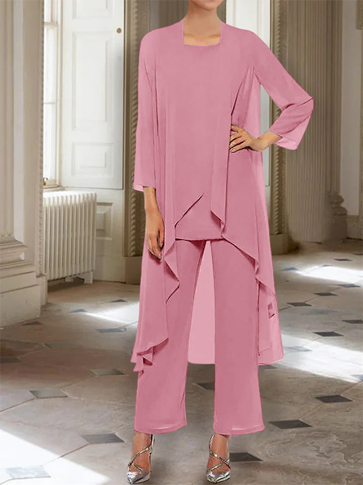 Ankle Length Mother of the Bride Pantsuits with Jacket in Chiffon Round Neck and 3/4 Sleeves