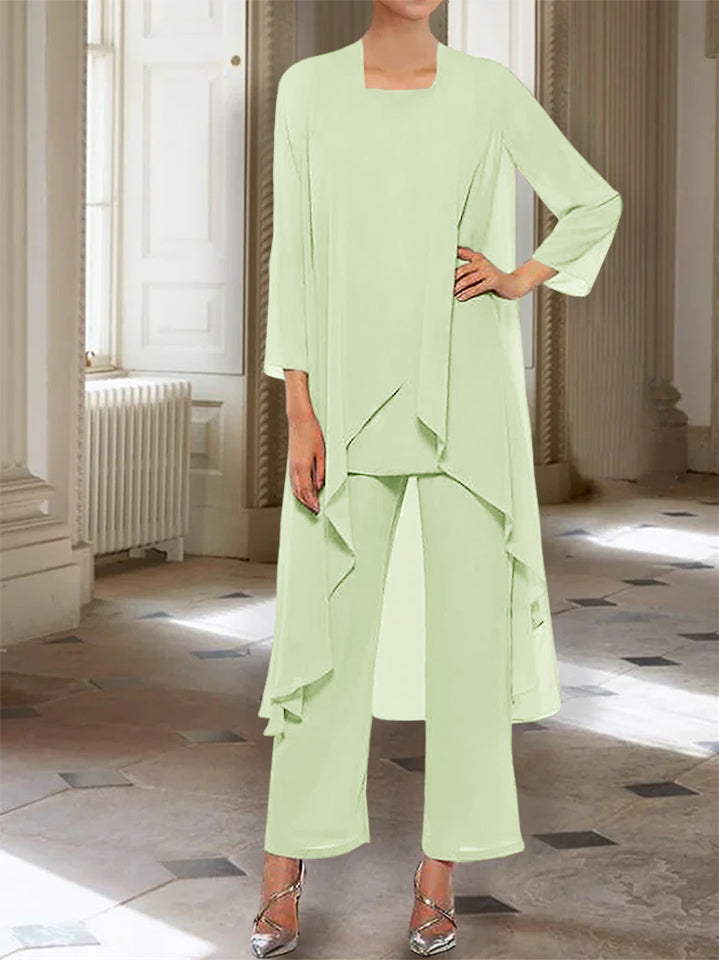 Ankle Length Mother of the Bride Pantsuits with Jacket in Chiffon Round Neck and 3/4 Sleeves