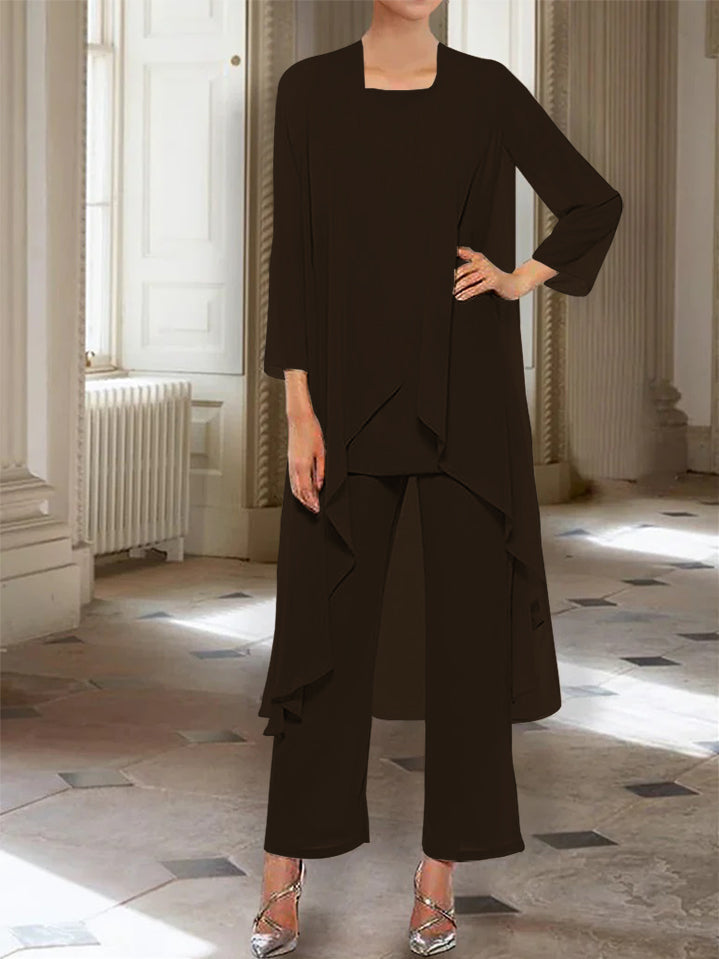 Ankle Length Mother of the Bride Pantsuits with Jacket in Chiffon Round Neck and 3/4 Sleeves