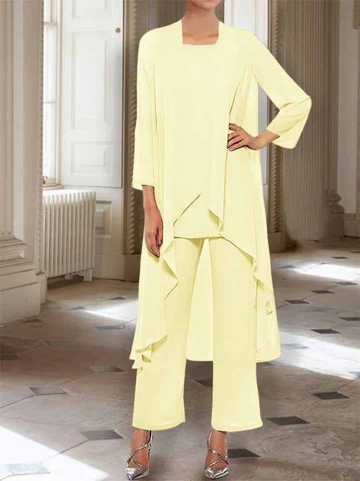 Ankle Length Mother of the Bride Pantsuits with Jacket in Chiffon Round Neck and 3/4 Sleeves