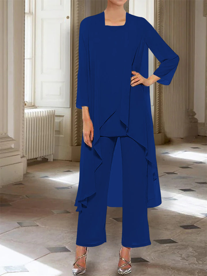 Ankle Length Mother of the Bride Pantsuits with Jacket in Chiffon Round Neck and 3/4 Sleeves