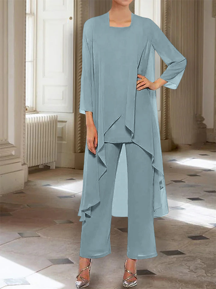 Ankle Length Mother of the Bride Pantsuits with Jacket in Chiffon Round Neck and 3/4 Sleeves