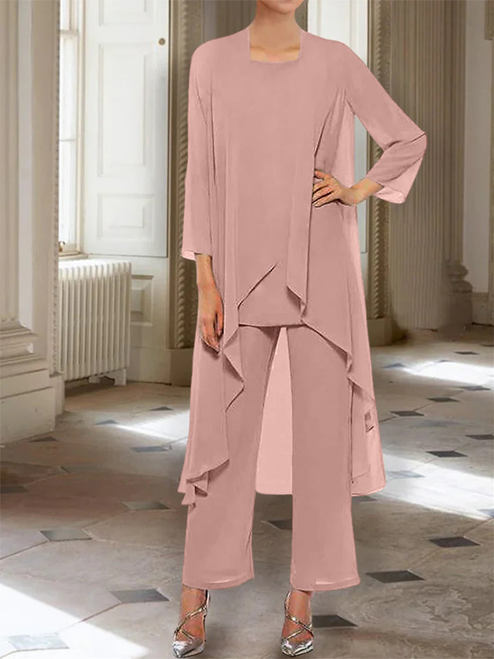 Ankle Length Mother of the Bride Pantsuits with Jacket in Chiffon Round Neck and 3/4 Sleeves