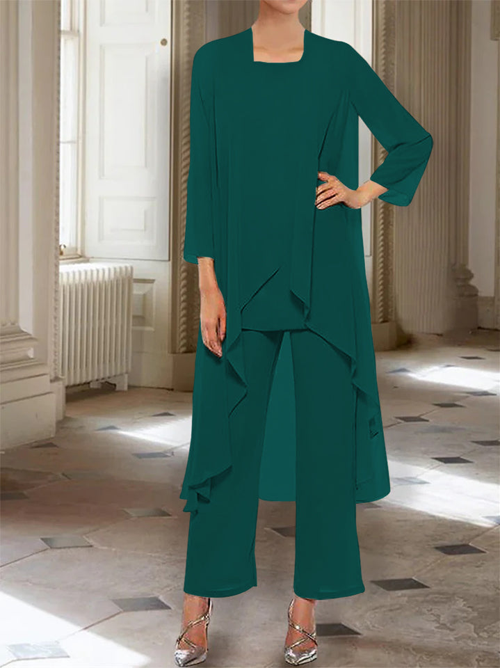 Ankle Length Mother of the Bride Pantsuits with Jacket in Chiffon Round Neck and 3/4 Sleeves