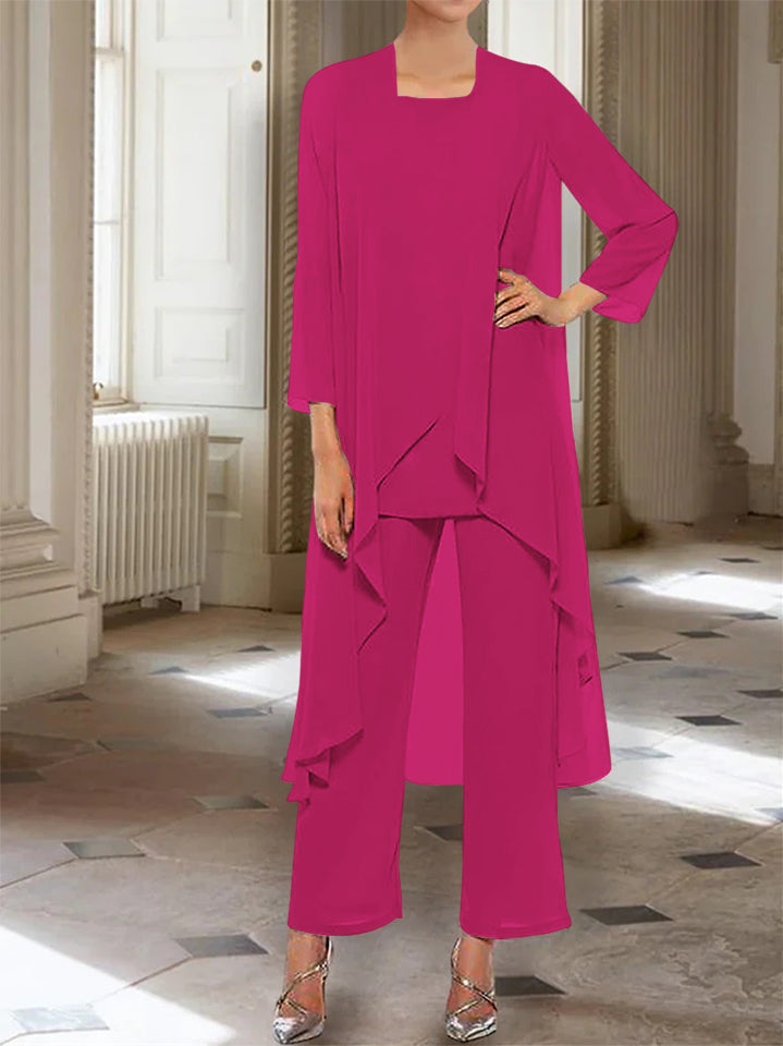 Ankle Length Mother of the Bride Pantsuits with Jacket in Chiffon Round Neck and 3/4 Sleeves