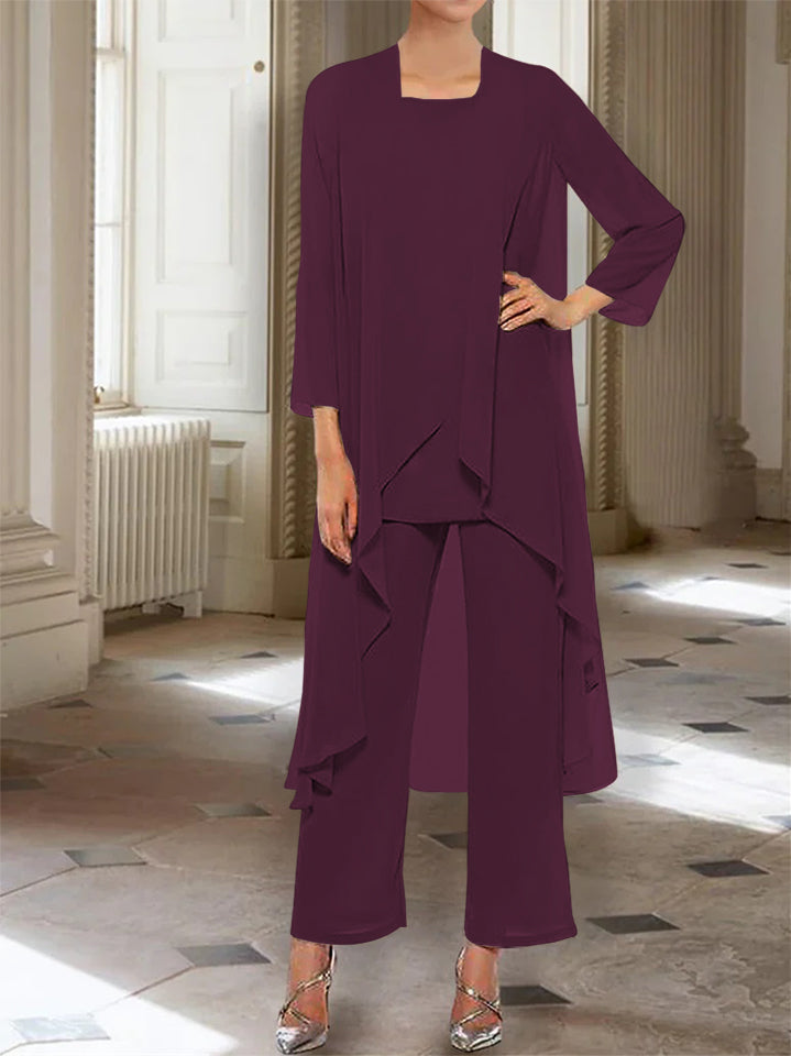 Ankle Length Mother of the Bride Pantsuits with Jacket in Chiffon Round Neck and 3/4 Sleeves