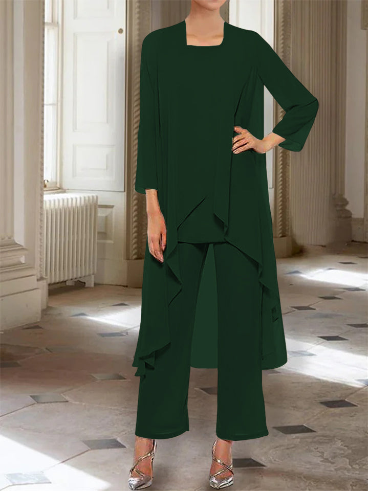 Ankle Length Mother of the Bride Pantsuits with Jacket in Chiffon Round Neck and 3/4 Sleeves