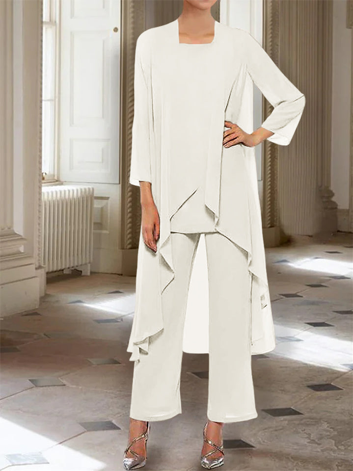 Ankle Length Mother of the Bride Pantsuits with Jacket in Chiffon Round Neck and 3/4 Sleeves