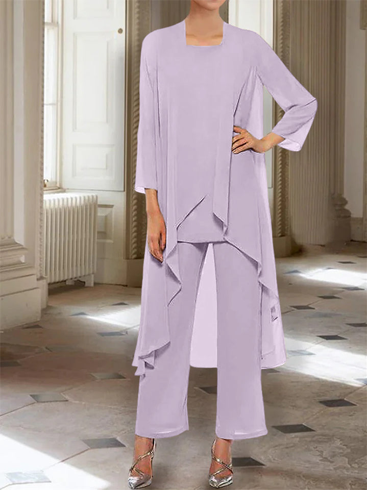 Ankle Length Mother of the Bride Pantsuits with Jacket in Chiffon Round Neck and 3/4 Sleeves